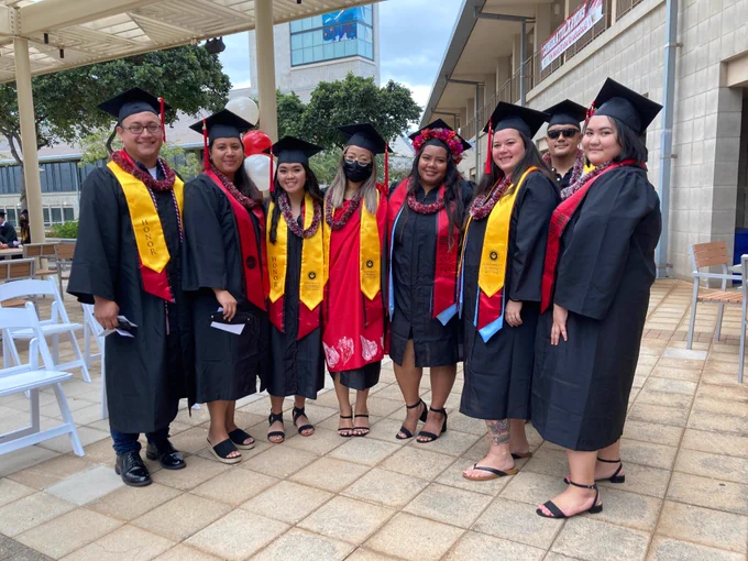 Students in graduation caps and gowns.