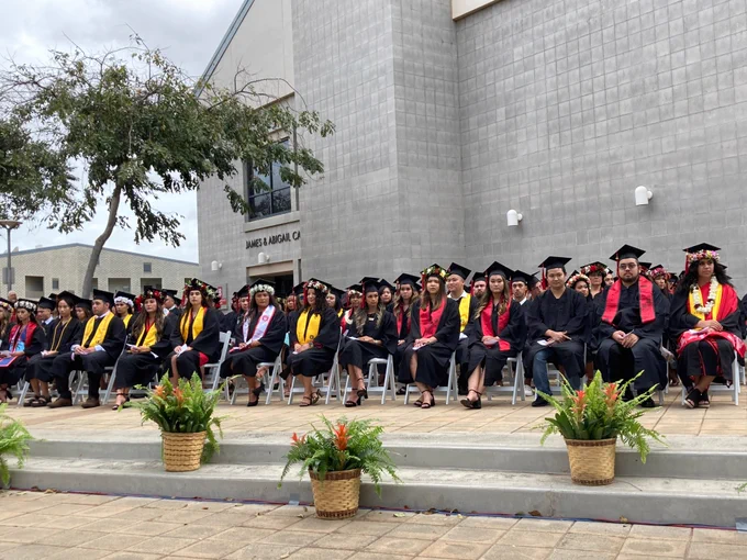 Students in graduation caps and gowns seated on an outdoor stage.