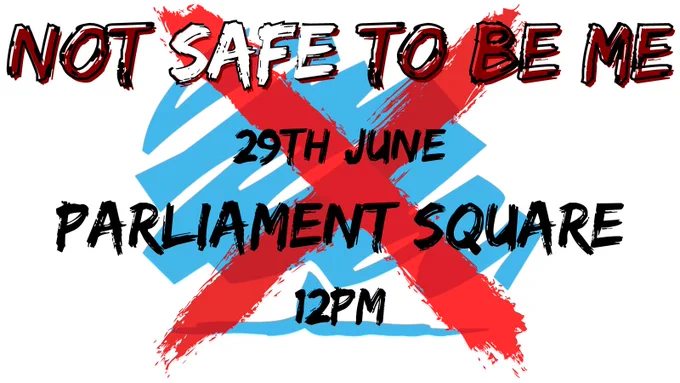 A picture of the blue Conservative party's logo with a painted red cross going over it.

On top of this is text reading: 

NOT SAFE TO BE ME

29TH JUNE

PARLIAMENT SQUARE

12PM