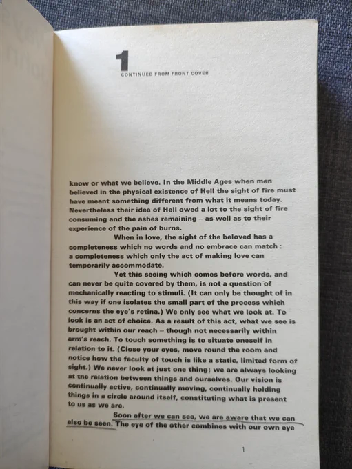 "1. Continues from front cover" - First page of Ways Of Seeing by John Berger