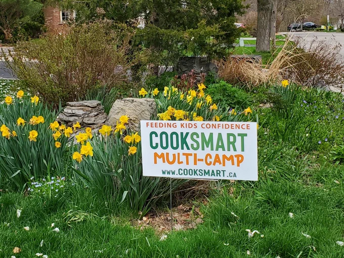 Picture of COOKSMART Multi-Camp lawn sign amongst yellow daffodils and greenery.