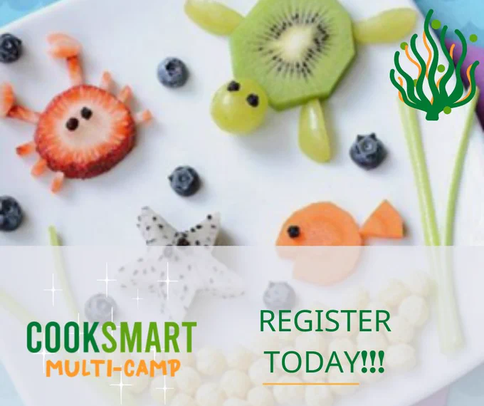 Photo of a crab made from strawberry, turtle made from grapes and kiwi, carrot fish, and star made of dragon fruit. COOKSMART MULTI-CAMP logo.