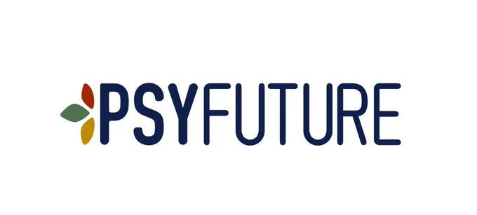 Logo of „PsyFuture“ - showing the letters abd three leaves (red, green, yellow)