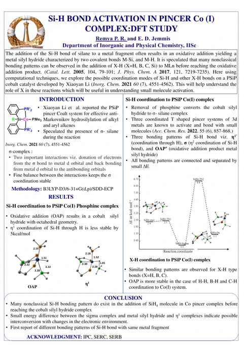 The addition of the Si-H bond of silane to a metal fragment often results in an oxidative addition yielding a metal silyl hydride characterized by two covalent bonds M-Si, and M-H. It is speculated that many nonclassical bonding patterns can be observed in the addition of X-H (X=H, B, C, Si) to MLn before reaching the oxidative addition product. (Catal. Lett. 2005, 104, 79-101; J. Phys. Chem. A 2017, 121, 7219-7235). Here using computational techniques, we explore the possible coordination modes of Si-H and other X-H bonds on a PSiP cobalt catalyst developed by Xiaoyan Li (Inorg. Chem. 2021 60 (7), 4551-4562). This will help understand the role of X in these reactions which will be useful in understanding small molecule activation.
