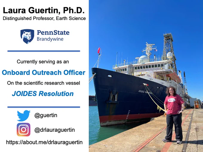 Photo of person in front of a ship, listing social media account handles