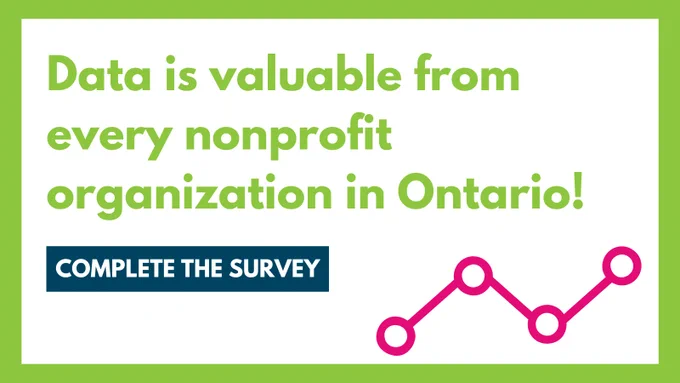 Image has a plain white background and a green border. On the upper half is large green text that says, "Data is valuable from every nonprofit organization in Ontario!" Under this on the left is a navy blue text box that says, "complete the survey." At the bottom right is a pink graphic of a graph.