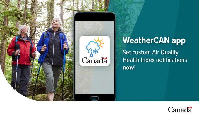 A women and man exercising. Text: WeatherCAN app Set custom Air Quality Health Index notifications now! 