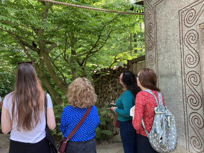 Four people watching a zoo animal