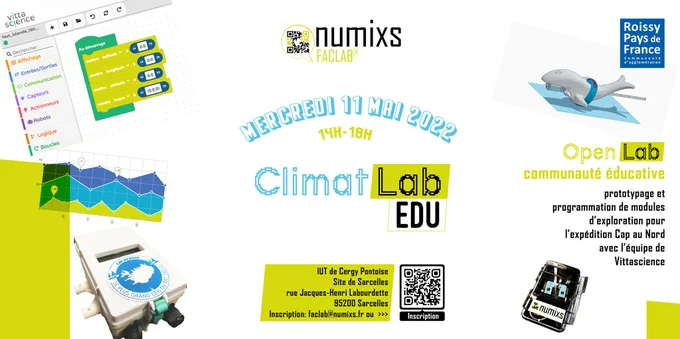 ClimatLab Edu, mercredi 11 mai 2022, 14h-18h, FacLab® numixs, IUT de cergy Pontoise site de Sarcelles. Inscription: https://www.roissypaysdefrance.fr/liste-des-ateliers/atelier/climatlab-edu-11mai2022
