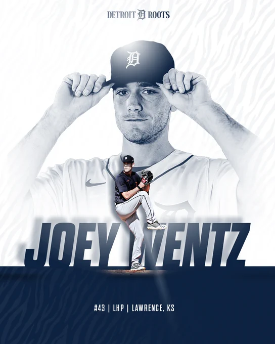 Stylized graphic of man holding brim of Detroit Tigers cap with both hands in background and cutout of left-handed pitcher in blue jersey top. Text reads JOEY WENTZ, number 43, left-handed pitcher, Lawrence, Kansas.