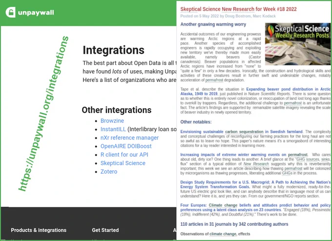 Composite of Unpaywall's integrations webpage and a screenshot of Skeptical Science's New Research.