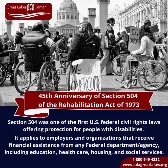 45th Anniversary of Section 504 of the Rehabilitation Act of 1973. It applies to employers/organizations that receive financial assistance from any Federal department/agency. Grayscale photo of group of people in wheelchairs protesting outside capitol.