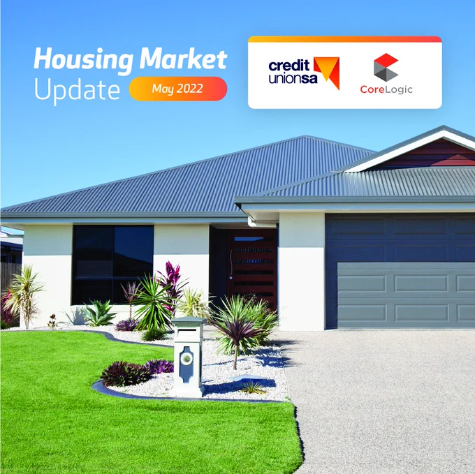 Housing Market Update for May by Credit Union SA and CoreLogic.
Image shows an image of a modern house with green garden.