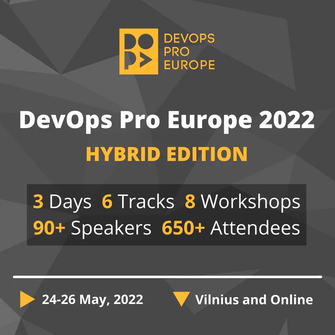 Register for DevOps Pro Europe 2022 arriving 24-26 May https://bit.ly/35fXlNV. 

Join @DevOpsEU to cover the principles of DevOps methodology #ad #DevOpsProConferenceEurope 

#DevOps #software #agile #developers #coding #cloudcomputing #tech
