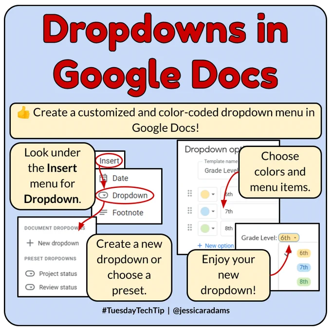 Infographic: Create customized and color-coded dropdown menus in Google Docs. Look under the insert menu for the dropdown option. Create a new dropdown or choose a preset. Then choose colors and menu items, and enjoy your new dropdown!