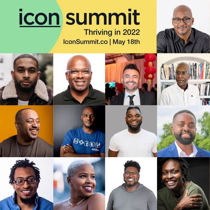 Green and yellow graphic for the Icon Summit with images of the diverse faces of speakers for tomorrow's event