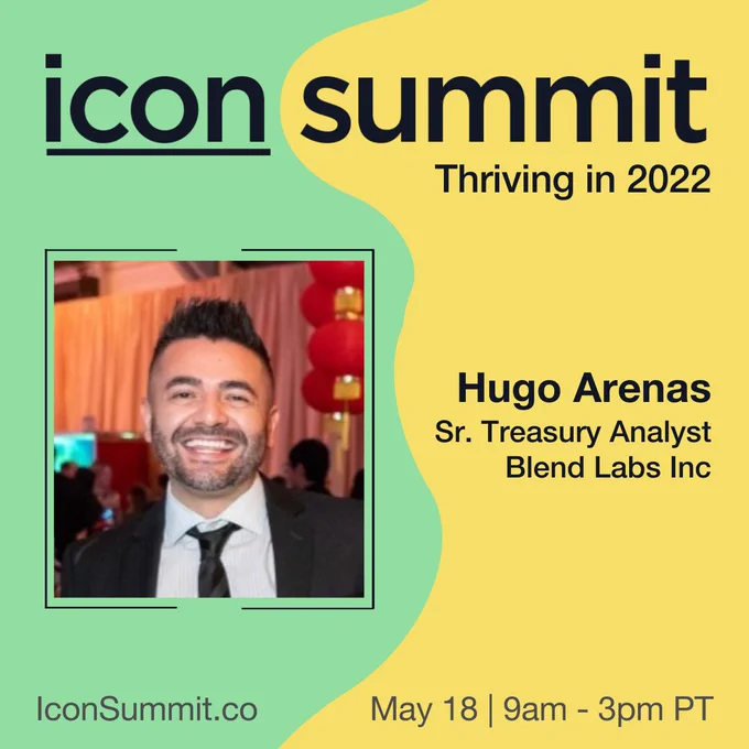 Green and yellow promo graphic for Icon Summit 2022 with speaker info and a photo of Hugo Arenas, a Latino with short brown hair and buzzed facial hair, a black suit and tie, and a white button-down.