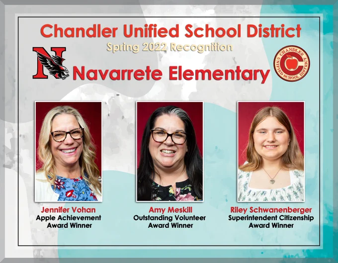 Navarrete Elementary School Night of Recognition recipients: Jennifer Vohan, Amy Meskill, and Riley Schwanenberger