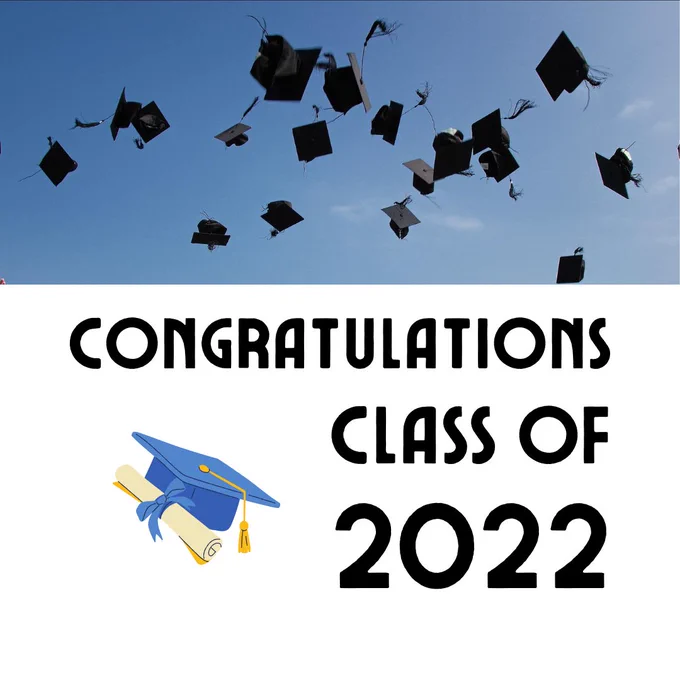 Picture of grad caps throw skyward. Text says Congratulations class of 2022