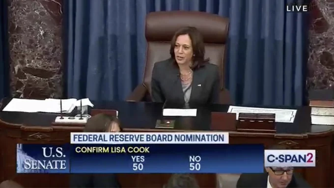 A screenshot of Vice President Kamala Harris announcing her tie-breaking vote on Dr. Lisa Cook's confirmation.