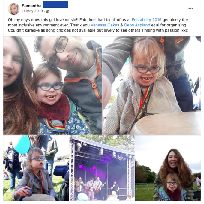 Composition of photos of a family, mother, father and disabled girl at an inclusive music event called Festability. Girl is blonde, wears glasses and smiles playing a drum.