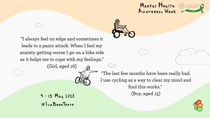 Quote from a Girl, aged 16 who says: "I always feel on edge and sometimes it leads to a panic attack. When I feel my anxiety getting worse I go on a bike ride as it helps me to cope with my feelings." And a Boy, aged 15: "The last few months have been really bad. I use cycling as a way to clear my mind and find this works." There is an illustration of a child on tricycle, and one of a child on bicycle with hand out