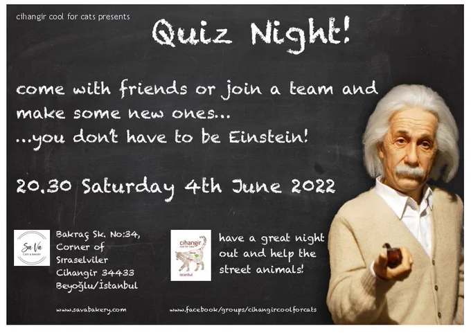 CCfCs are delighted to announce another Quiz Night for Cats!
With a fantastic venue at Sa Va… we offer a delicious menu, a great range of beverages… and the best Quiz in Istanbul!
Give your brain cells a workout, eat, drink and be merry at our Quiz Fundraiser ...and help Istanbul's homeless cats and dogs.