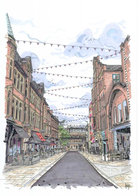 Painting of call lane with bunting zigzagging between the bars