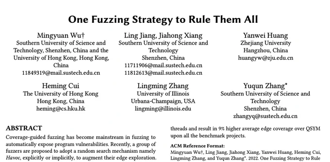 Screenshot of the title page of "One Fuzzing Strategy to Rule Them All", Mingyuan Wu, Ling Jiang, Jiahong Xiang, Yanwei Huang, Heming Cui, Lingming Zhang, and Yuqun Zhang, in Proceedings of ICSE'22