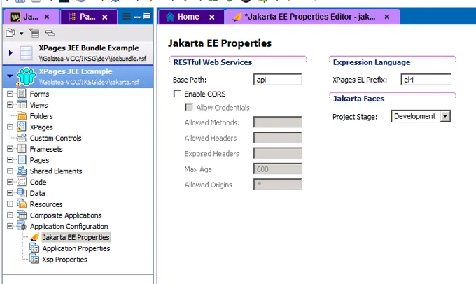 Screenshot showing a "Jakarta EE Properties" editor added to HCL Domino Designer.