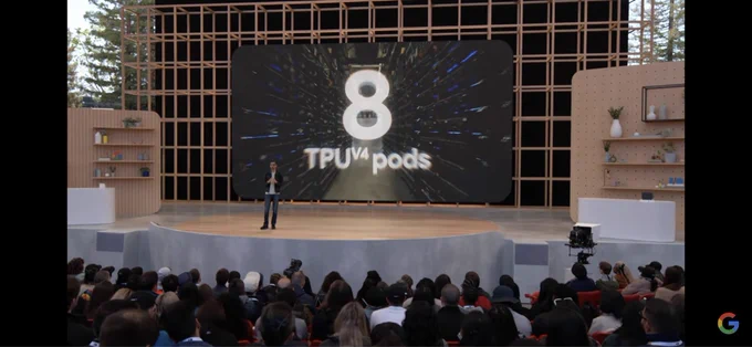 Google CEO Sundar Pichai on stage at I/O 2022, announcing a Google Cloud ML cluster with 8 TPU v4 Pods, backed by a flythrough of the Oklahoma datacenter they’re located in (from https://youtu.be/nP-nMZpLM1A?t=7493)
