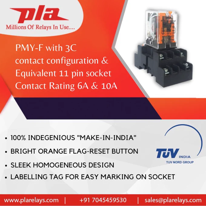 New Launch!!!
PMY-F with 3C
Contact Configuration
& equivalent 11 pin socket 
Contact Rating 6A
 & 10A
Pla Relays

http://plarelays.com
sales@plarelays.com

#plarelays #pluguinrelay #sip #ply #contact #application #series #configuration #mpcn #hcc #pmy #series #manufacturer #configuration #pac40 #psr #customized #newlaunch #contactnow #lpr40 #lpr40E #sales #service #newlaunch #pmy-f #3c 