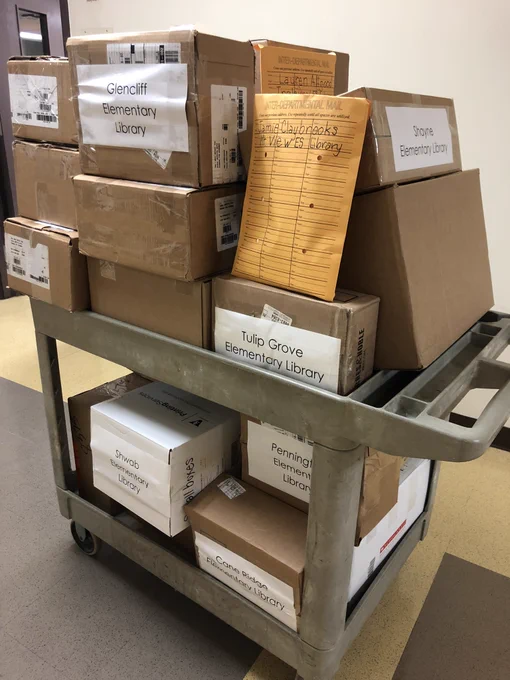 Image of a cart of boxes filled with prizes to send to the elementary schools.