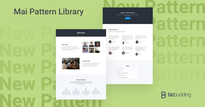 Screenshot of The Services/About page pattern template from BizBudding's Mai Pattern Library. 