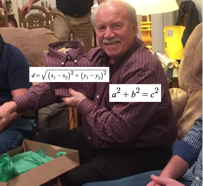 A man wearing a shirt labeled "a^2 b^2=c^2" while receiving a gift that is the same shirt. The gifted shirt is labeled d=sqrt((x_1-x_2)^2 (y_1-y_2)^2).