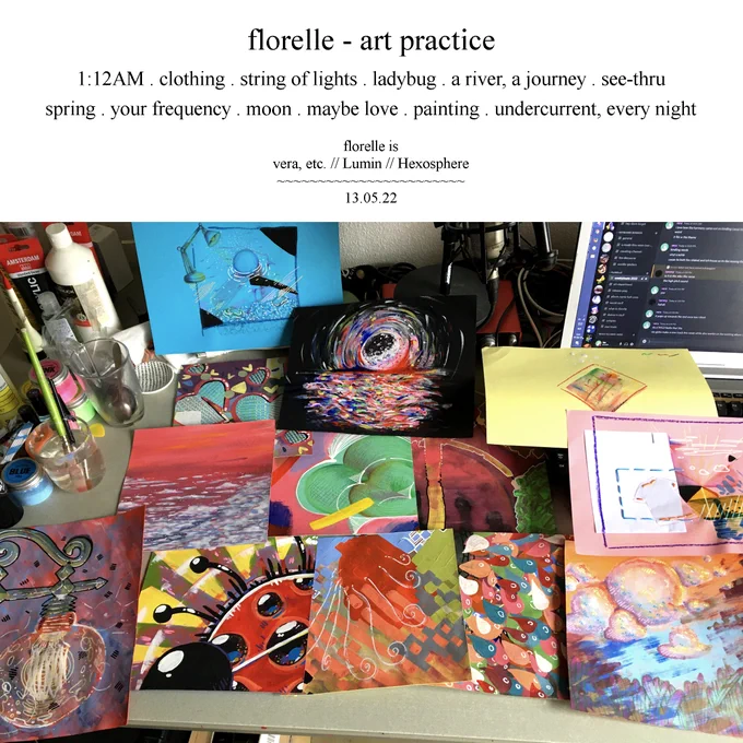 back cover art depicting the tracklist written out in a pixelated font, with the collection of paintings made for the individual songs displayed below.