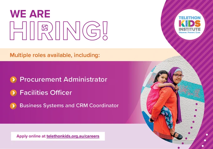 Colourful purple graphic which reads "We are hiring."