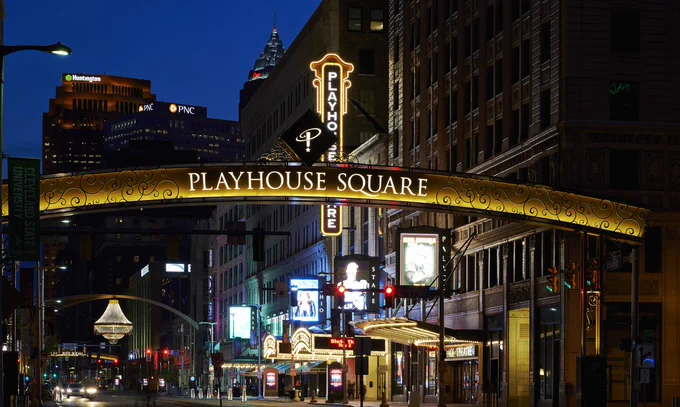 View of buildings within Playhouse Square, a theater district in downtown Cleveland. It is the largest performing arts center in the US outside of New York City.