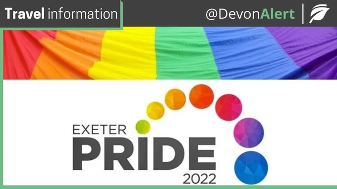 Exeter Pride logo on a white backroad. The text says Travel Update' in the top left corner.