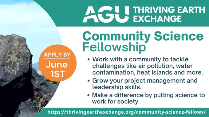 Image: Petroglyph in New Mexico

Text:
AGU Thriving Earth Exchange Community Science Fellowship. Apply by June 1st. 

Work with a community to tackle challenges like air pollution, water contamination, heat islands and more. 

Grow your project management and leadership skills.

Make a difference by putting science to work for society.
