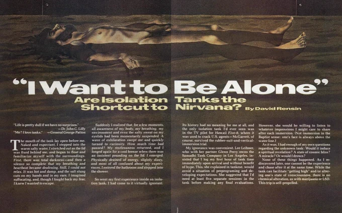 Screenshot of the 1976 double-page article, titled "I Want To  Be Alone: are isolation tanks the shortcut to Nirvana?"
