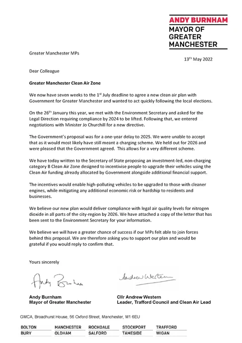 Letter from Mayor of Greater Manchester to Greater Manchester MPs