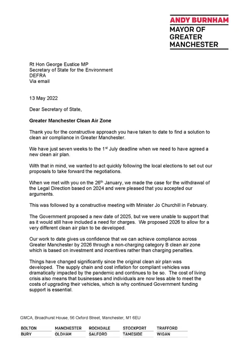 Letter from Mayor of Greater Manchester to Environment Secretary George Eustice