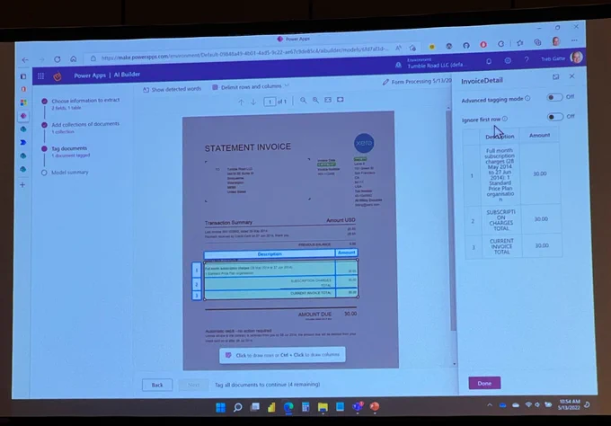 Demo of AI Builder inside of Microsoft Power Apps, as shown by Treb Gatte at 365 EduCon Seattle, WA.