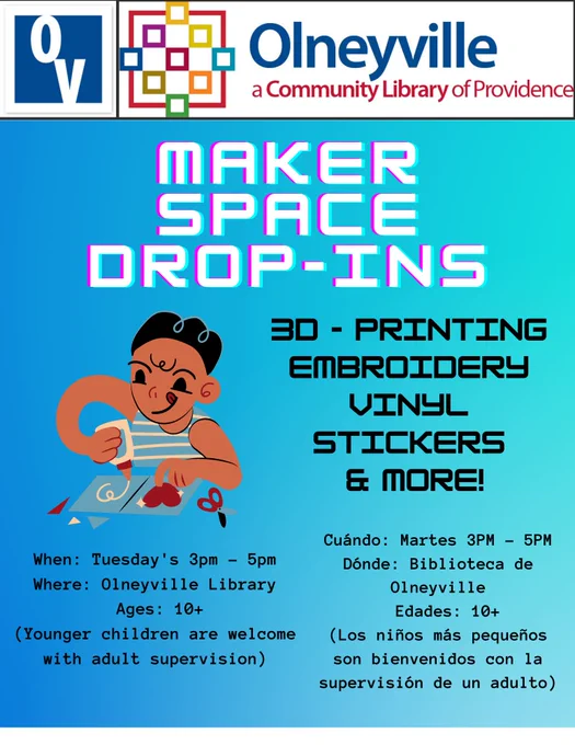 We will be holding drop in hours from 3:00 pm- 5:00pm May 17, May 24, and May 31.

#libaries #rhodeisland #providence #olneyville #crafting #makerspace