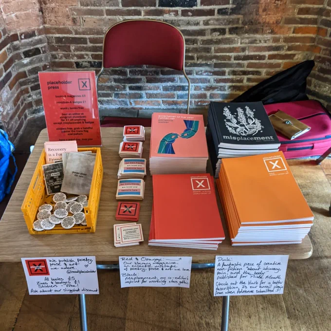 a photo of placeholder press' table, featuring four of our books, a stack of stickers featuring our logo and another design of the trans pride flag, and a small box of DIY zines and badges.