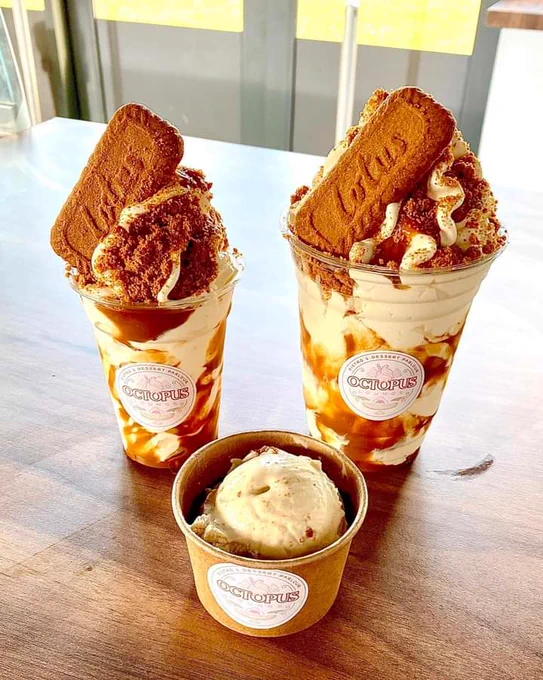 Two lotus biscoff sundaes and a small tub of ice cream 
