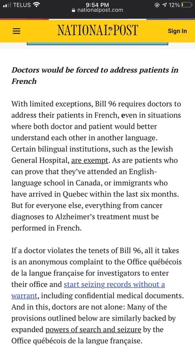 Screenshot from the National Post article on Bill 96, section that discusses the bill making it illegal to address patients in any language other than French. Full article in next tweet.