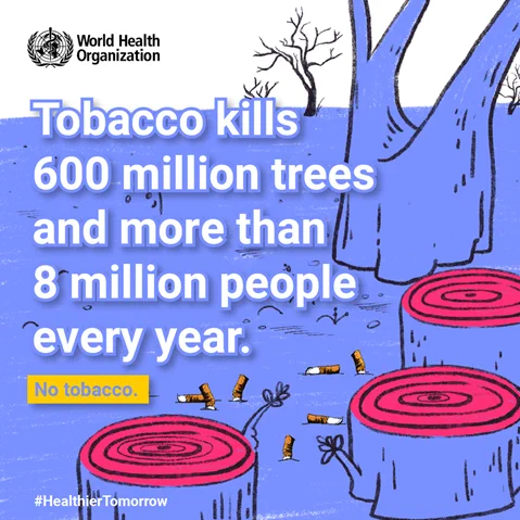 Illustration of tree stumps in a forest

Text: Tobacco kills 600 million trees and more than 8 million people every year