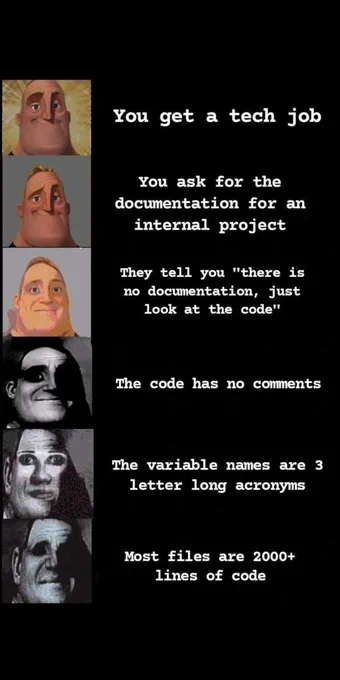 - You get a tech job
- You ask for docs for a project
- They say "No docs, just look at the code."
- The code has no comments
- The variable names are 3 letter acronyms 
- Most files are 2000  lines of code